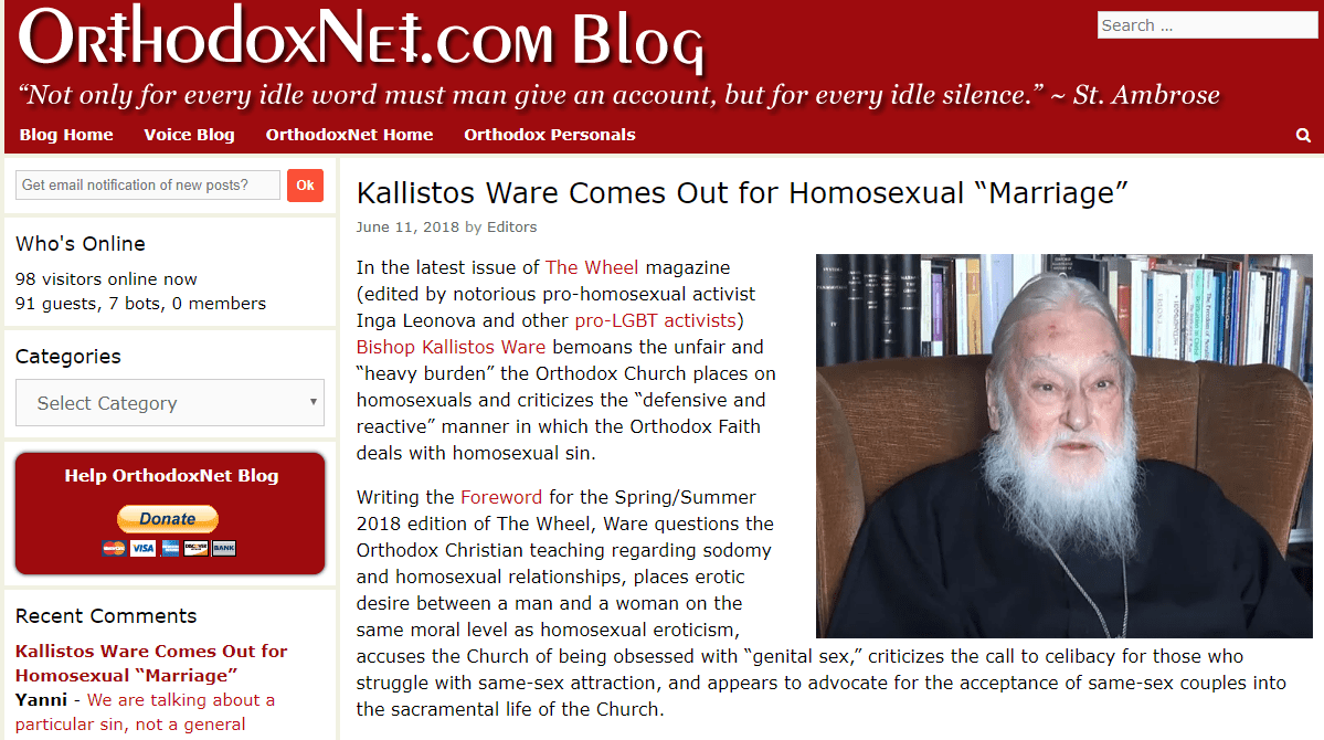 Biskup Kallistos vyzval pravoslavné k diskusi o stejnopohlavních vztazích