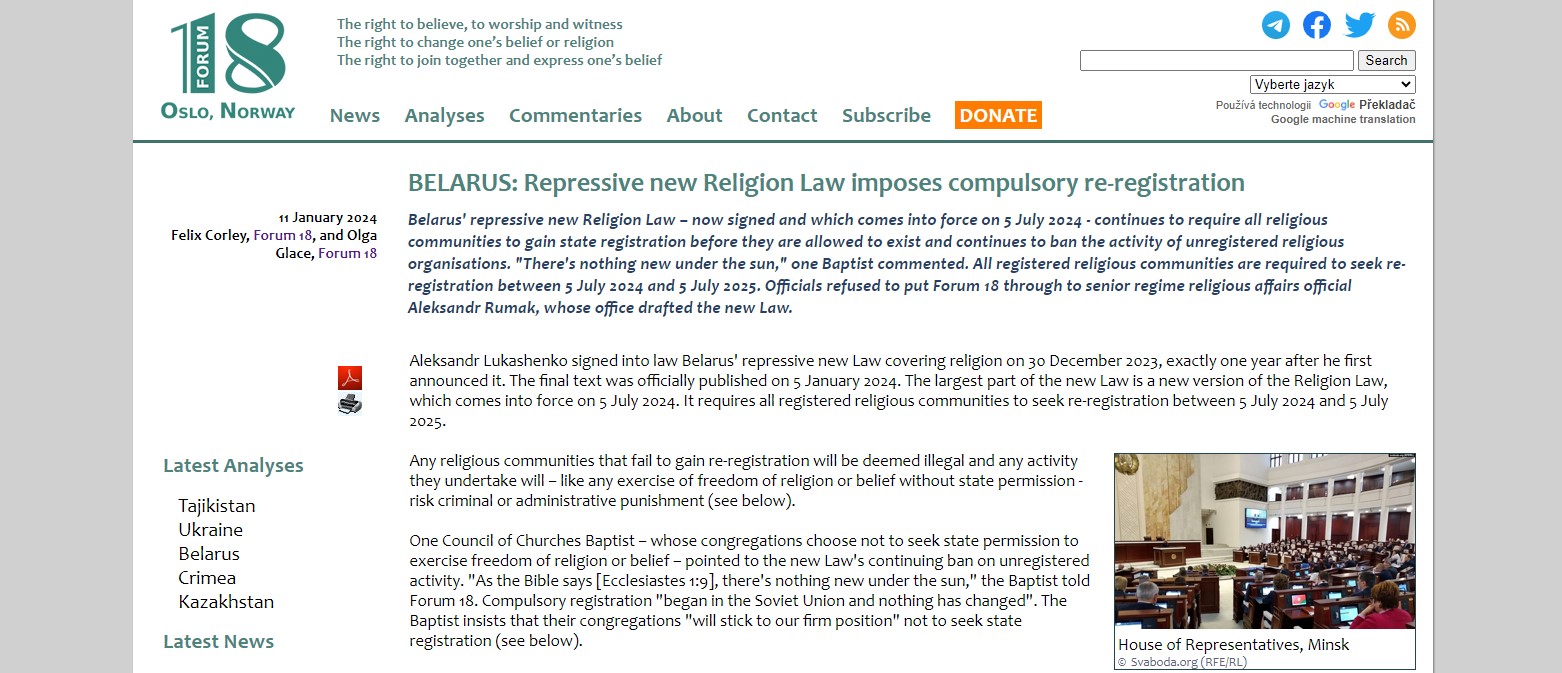 FORUM 18: Novela běloruského zákona o náboženských společnostech